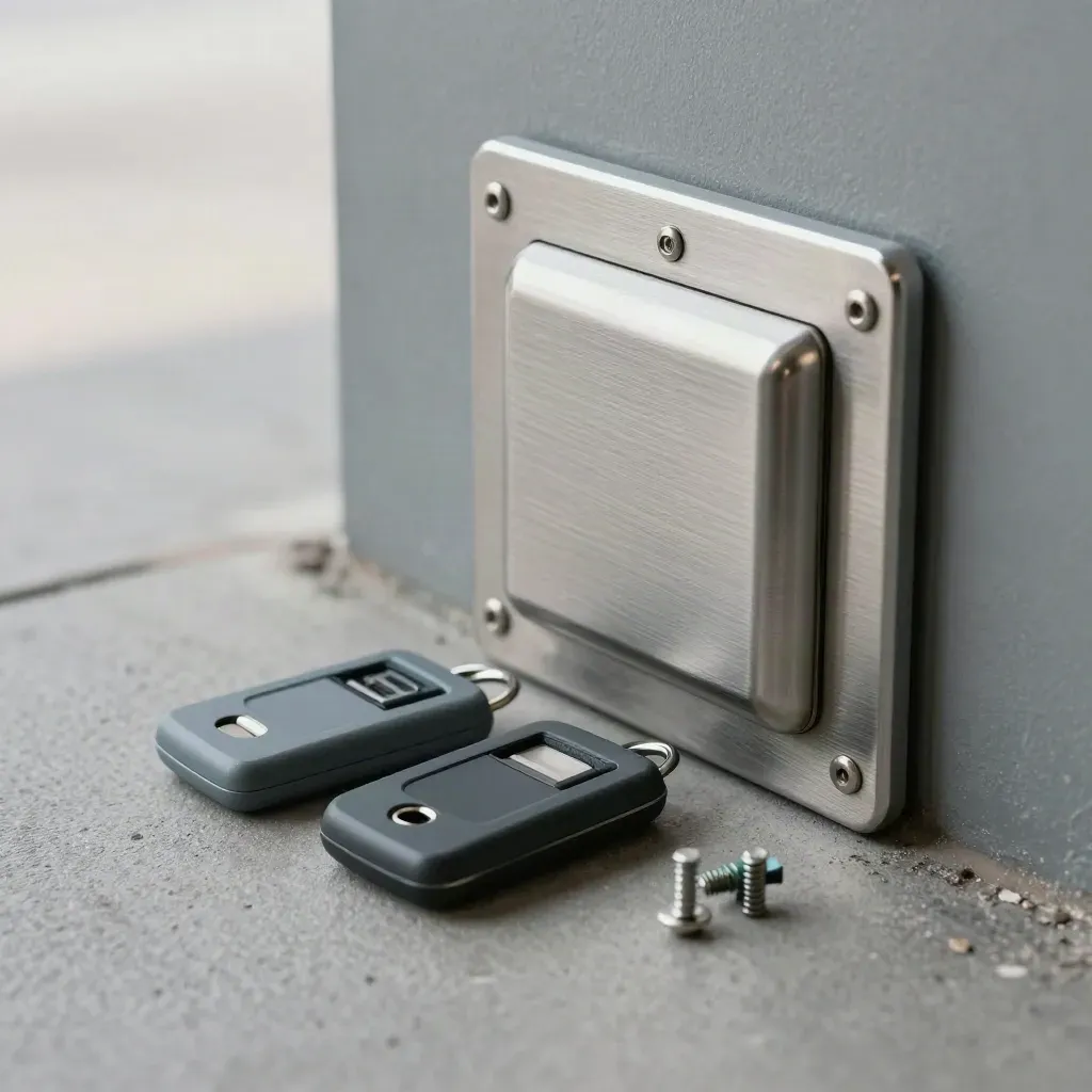 Extreme macro still life of an access control reader plate with two fobs and tamper screws on grey stone.