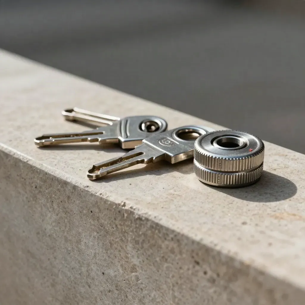 Macro cluster of alarm and elevator access keys on brushed stone with a red safety accent.