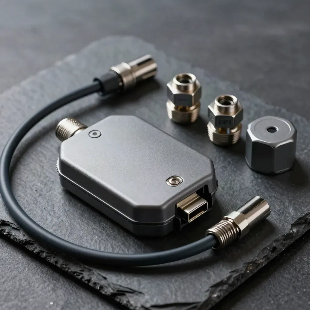 Warehouse telematics hardware on slate: tracker puck, magnetic contact, cable glands, and armored cable.