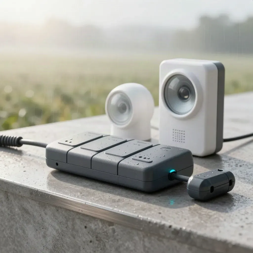 Rain-damp alarm sensors and communicator on a sage-grey plinth, lit by soft morning haze.