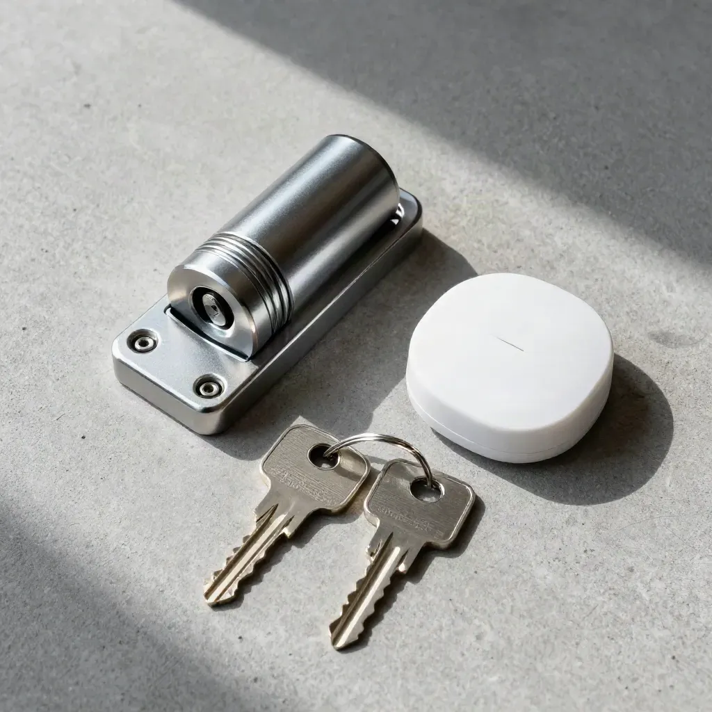 Deadbolt cylinder, reed sensor, and key blanks arranged on brushed concrete in soft daylight.
