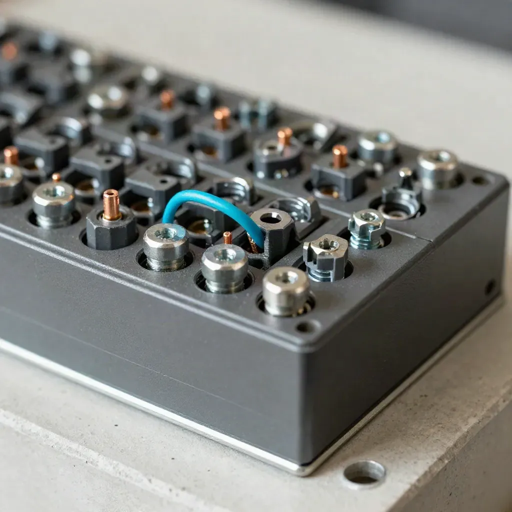 Macro of alarm relay cabinet hardware, fuse block and terminal comb on a concrete surface.