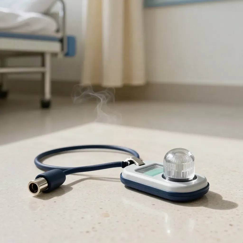 Clinical hardware on pale terrazzo tile: pendant, bed sensor connector, and corridor beacon module