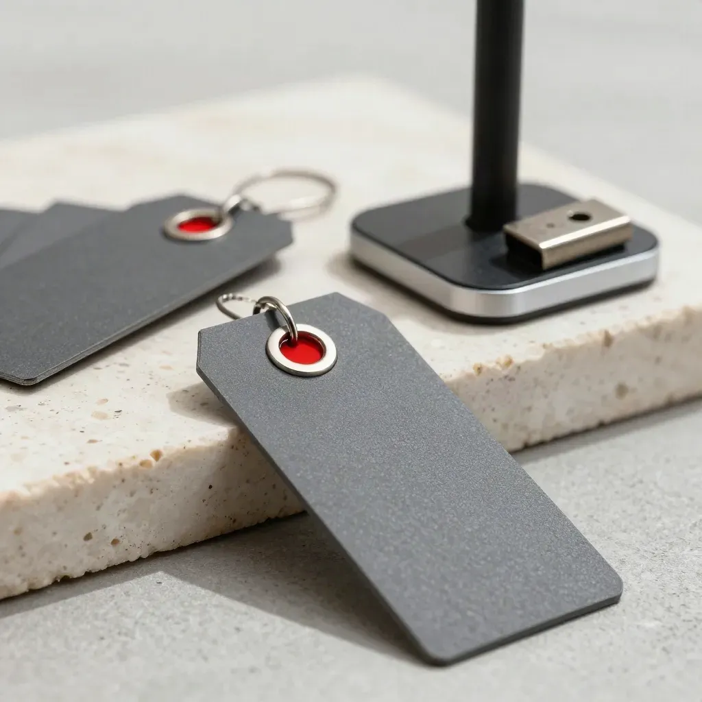 Anti-theft retail tags, antenna base, and tether clip on pale stone.