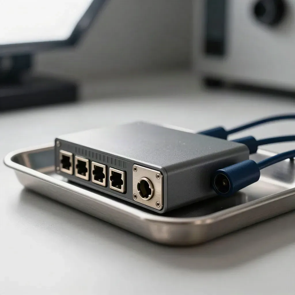 Relay module with patch leads and coupler in a brushed-metal tray, lit in cool editorial macro style.