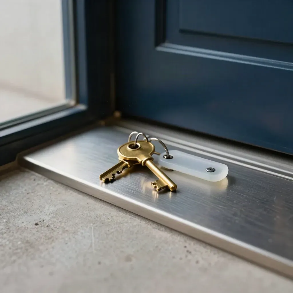Brass keys, apartment fob, and door sensor by a lobby threshold, seen through frosted glass.