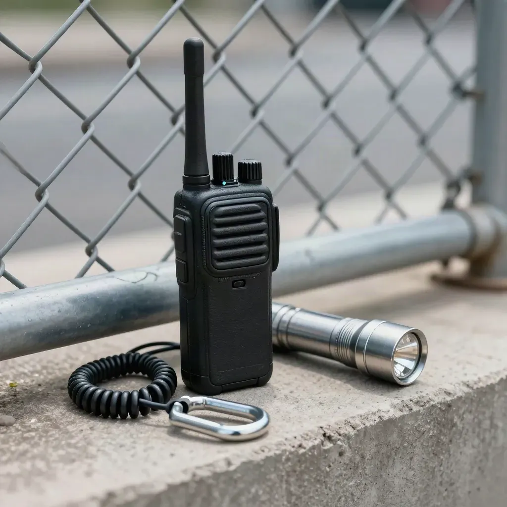 Security patrol kit on concrete behind blurred chain-link, with radio, flashlight, earpiece and hasp.