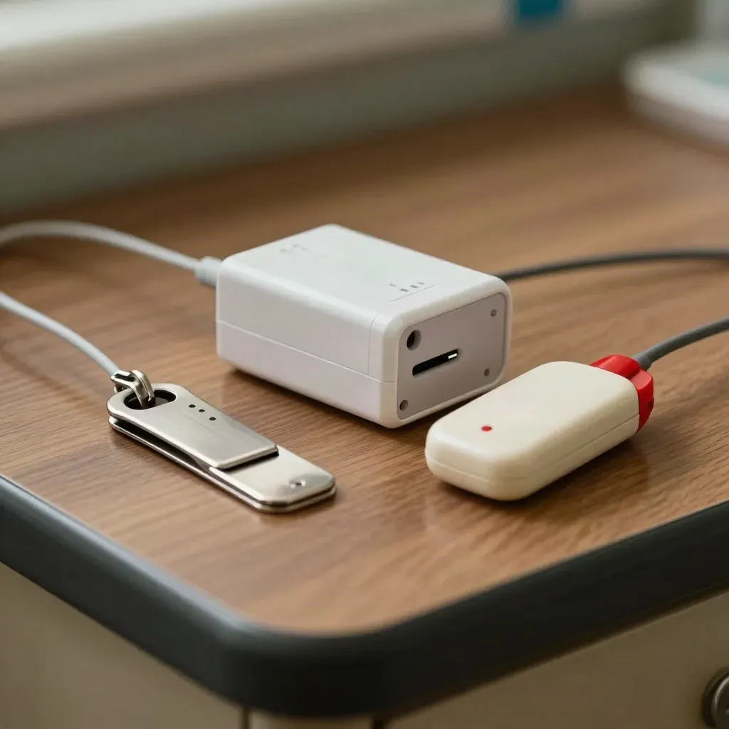 Hospital pager charger, lanyard clip, and nurse-call pendant on a dim hospital counter.