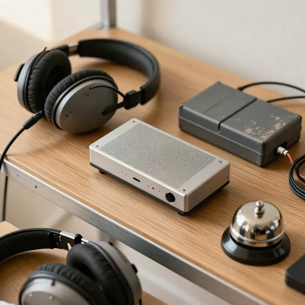 Flat lay of alarm sounder, headset cradle and backup battery on oak, seen through a foreground earcup.