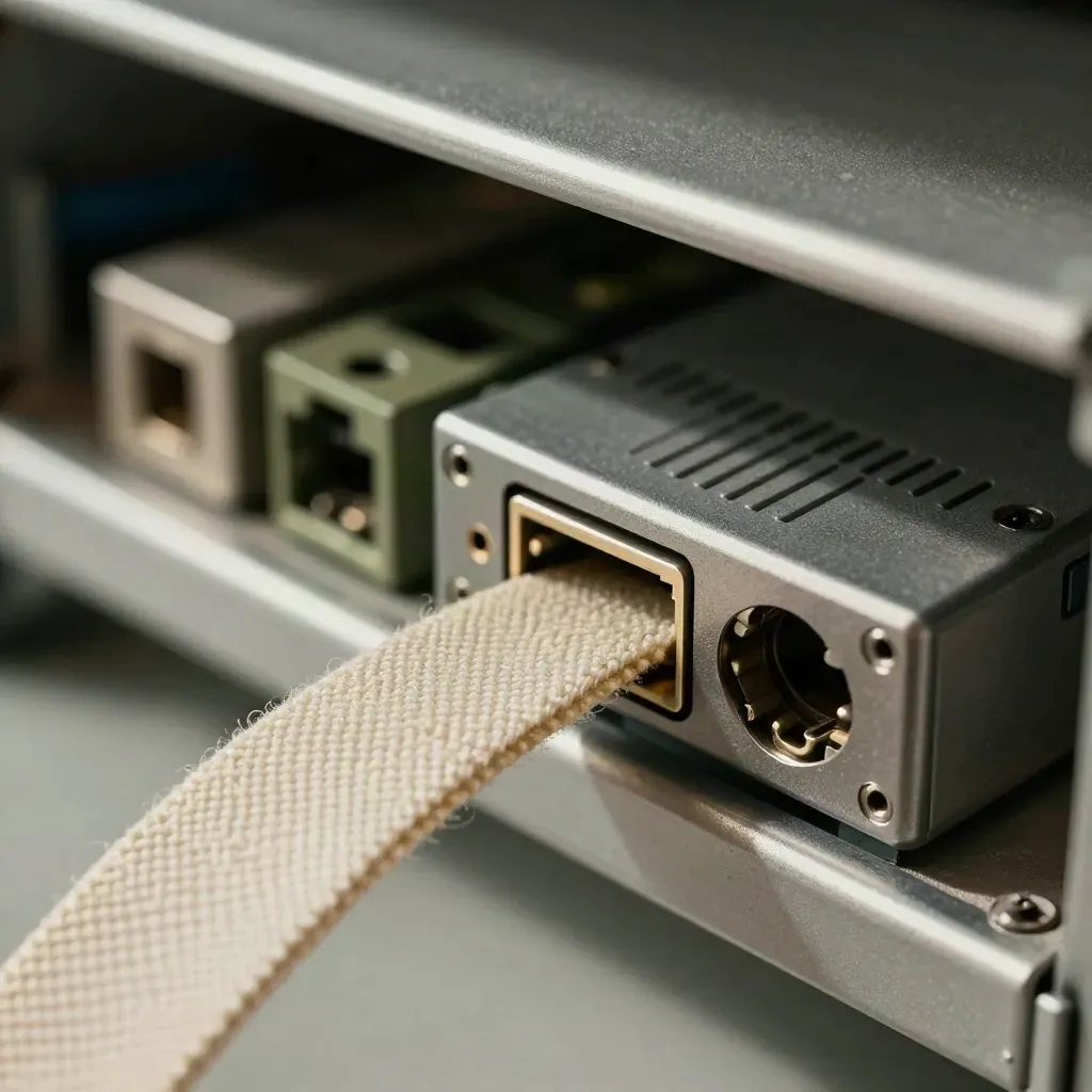Extreme macro of fiber patch lead, switch and gateway module in hazy rack-room light