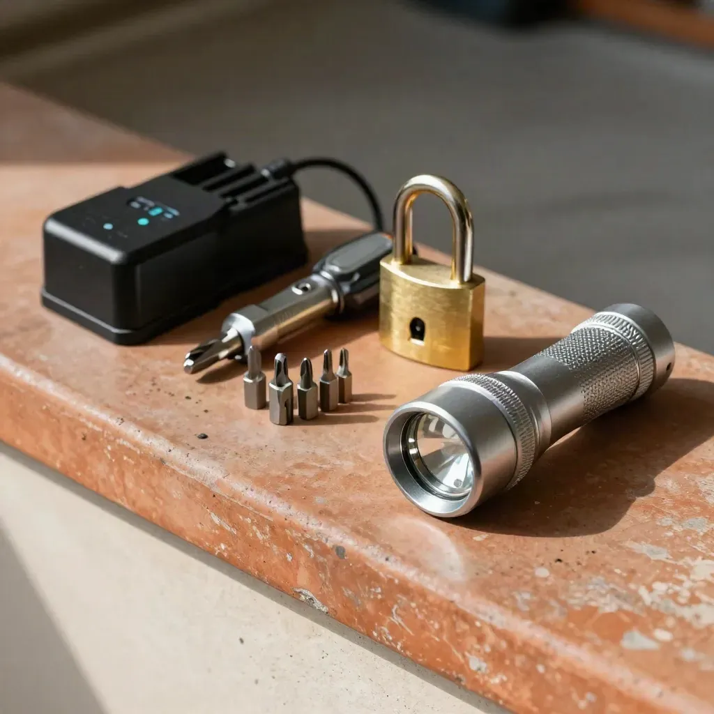 Alarm tools on a terracotta ledge: charger, driver, lock core, flashlight.