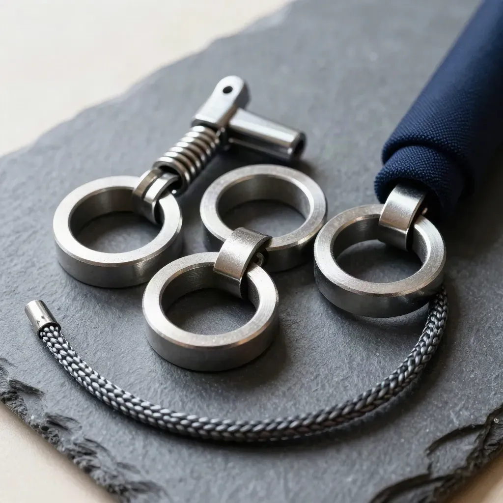 Top-down macro of linked steel rings, spring clamp and braided cable on slate with graphite dust