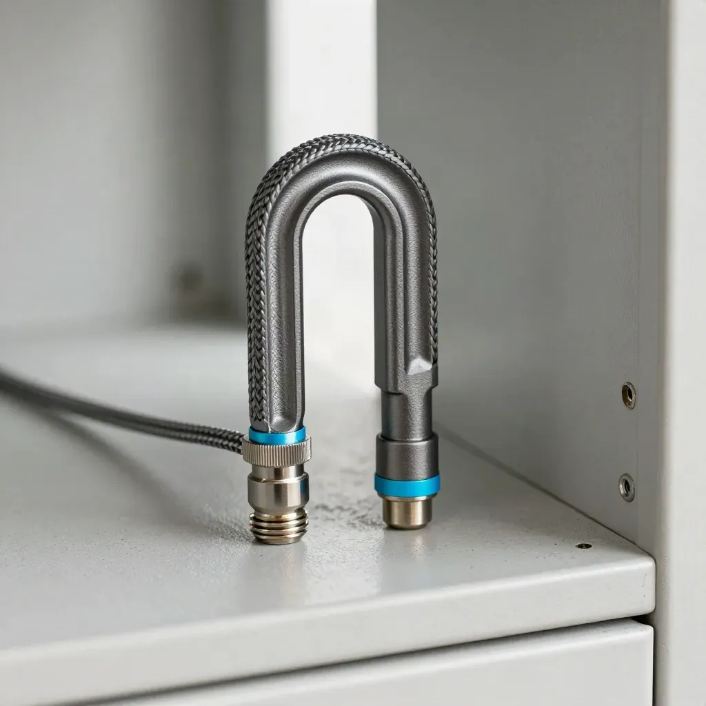 Graphite Y-coupler splitting a braided sensor cable on a concrete-grey service shelf.
