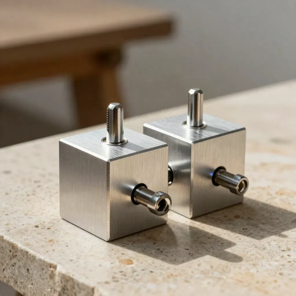 Machined aluminum integration blocks and a split-ring connector on a limestone work surface.
