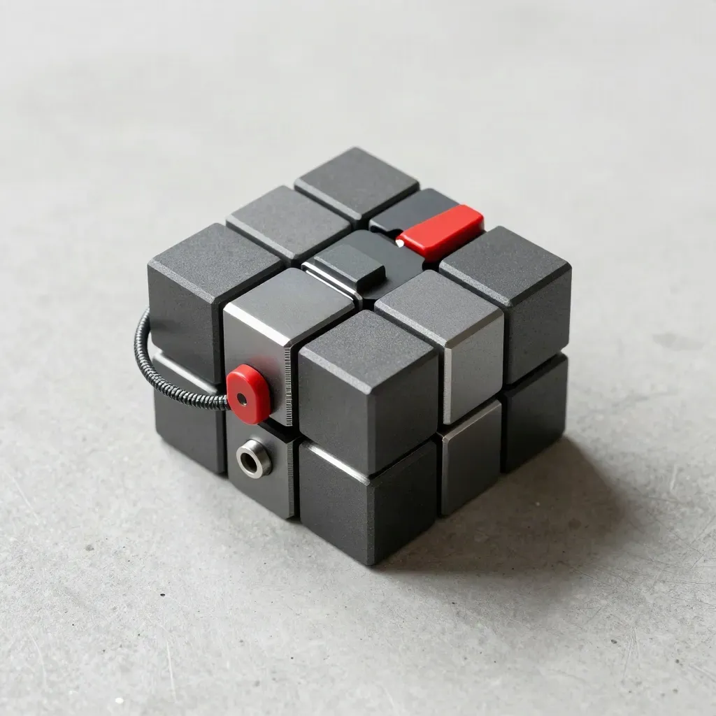 Top-down still life of graphite cubes, connector, and cable ferrules on concrete with a red latch.